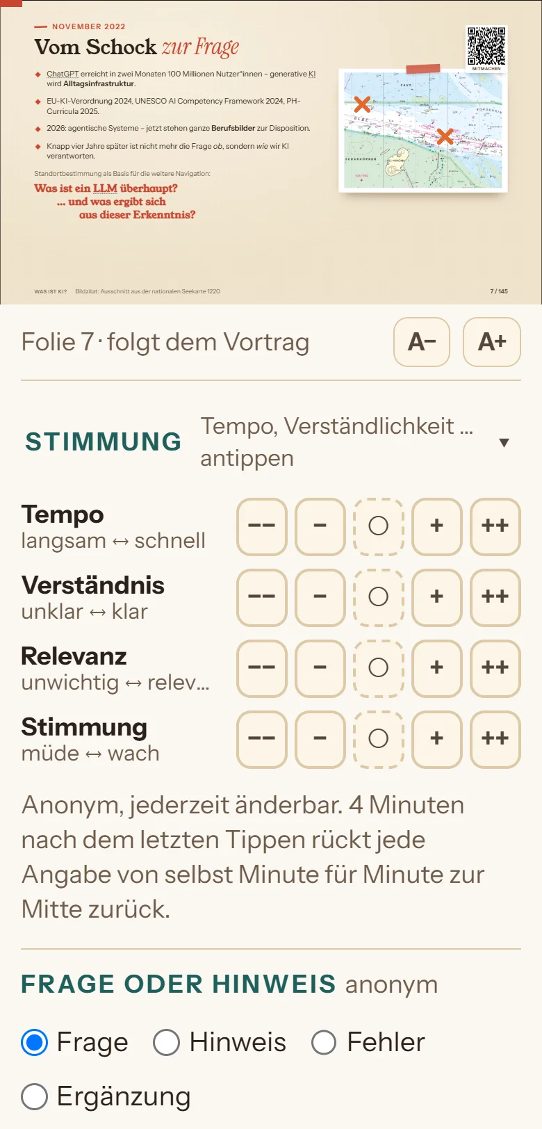 Teilnehmerseite am Handy: oben die Folie, darunter das ausgeklappte Stimmungsbarometer und das Feld für Fragen