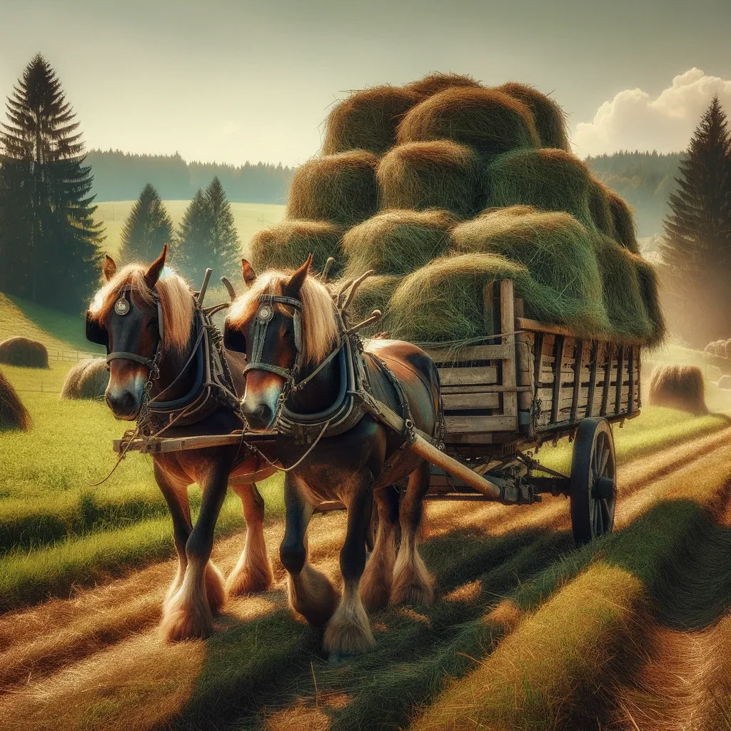 KI-Bild: zwei Haflinger ziehen einen hoch beladenen Heuwagen über eine Wiese