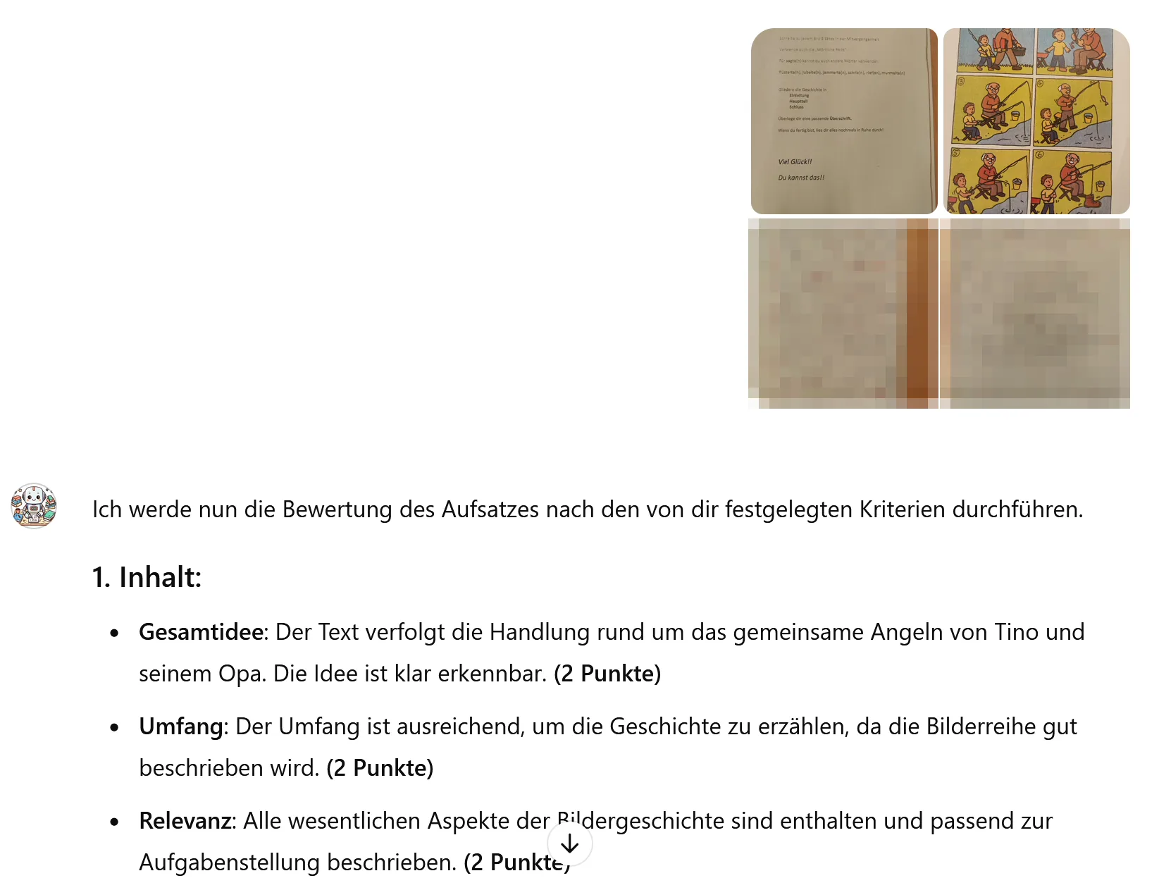 Chatverlauf: Fotos von Bildergeschichte und handgeschriebenem Aufsatz (verpixelt), darunter Bewertung Inhalt mit Punkten