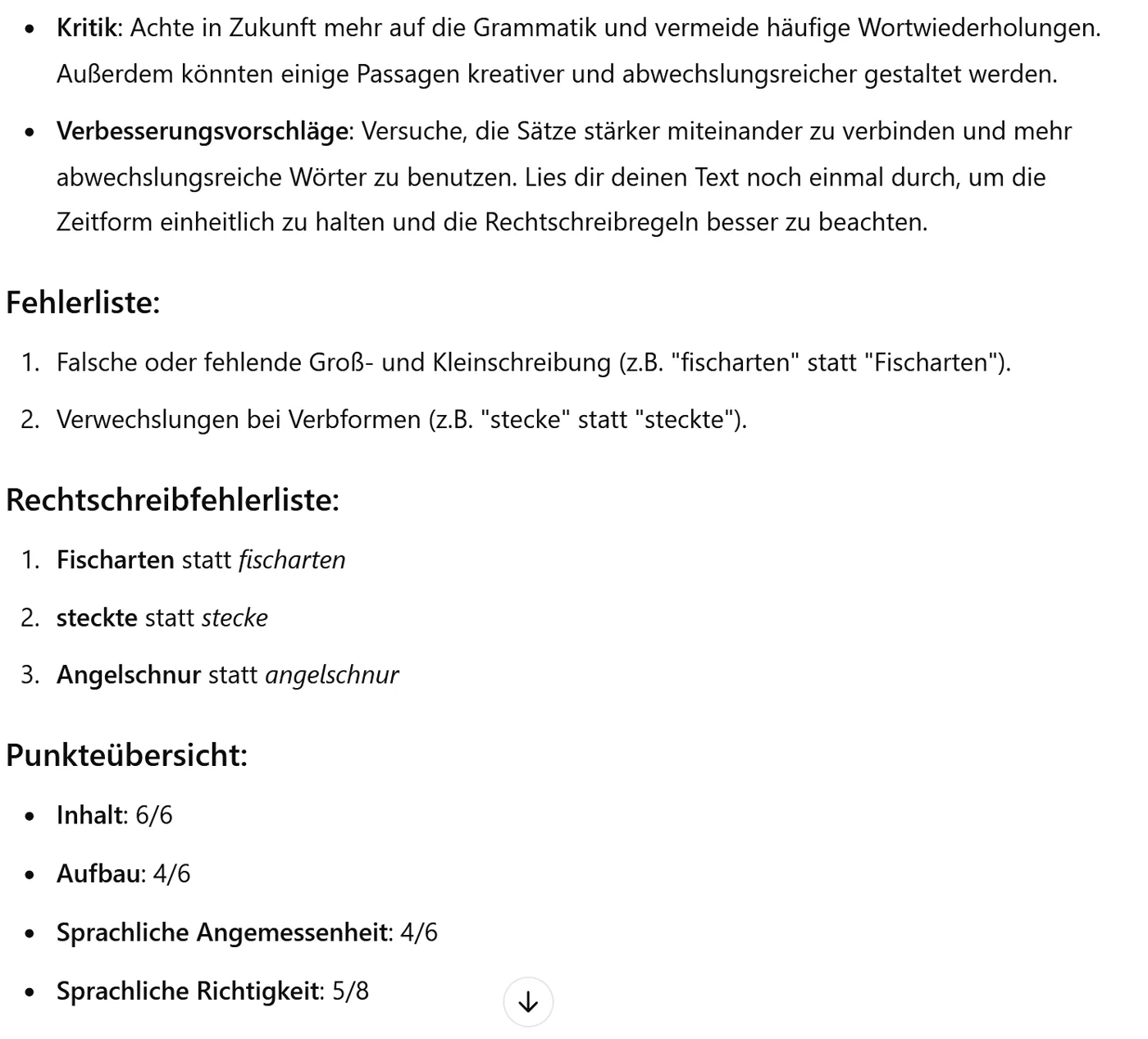 Fehlerliste und Punkteübersicht: Inhalt 6 von 6, Aufbau 4 von 6, Sprachliche Angemessenheit 4 von 6, Richtigkeit 5 von 8
