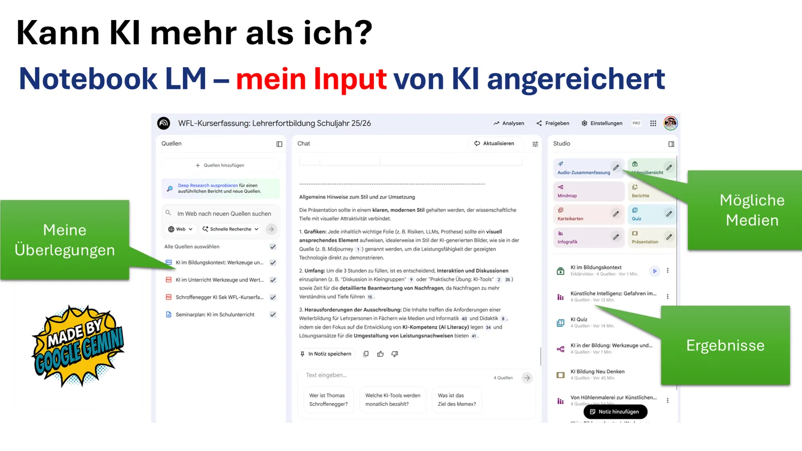 NotebookLM: meine Überlegungen als Quellen, die KI ergänzt Medien und Ergebnisse