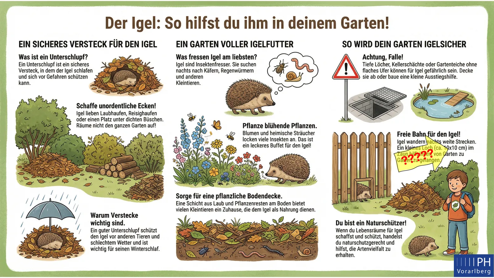 Arbeitsblatt Igel: Versteck, Futter, Gefahren