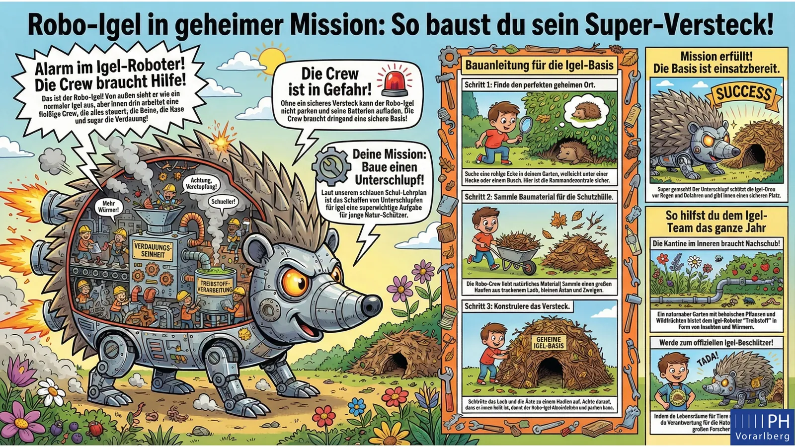 Comic-Arbeitsblatt: Robo-Igel baut ein Super-Versteck