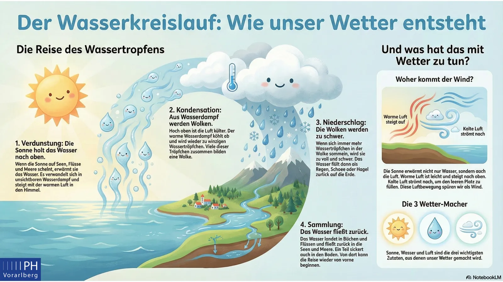 Infografik Wasserkreislauf: Verdunstung, Kondensation, Niederschlag, Sammlung