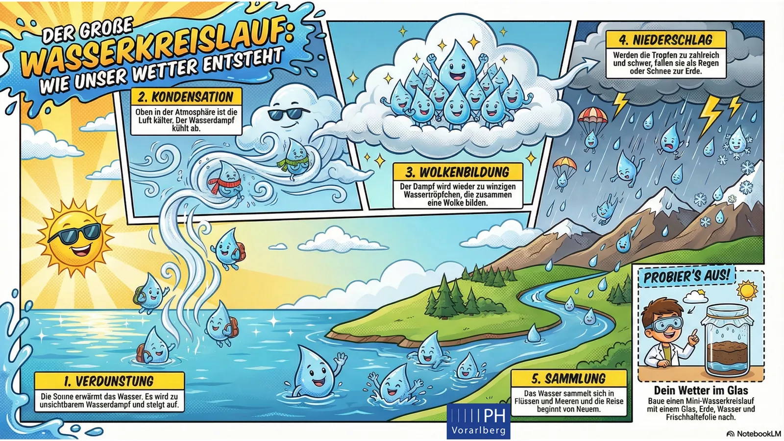 Comic-Arbeitsblatt Wasserkreislauf mit Experiment „Dein Wetter im Glas“