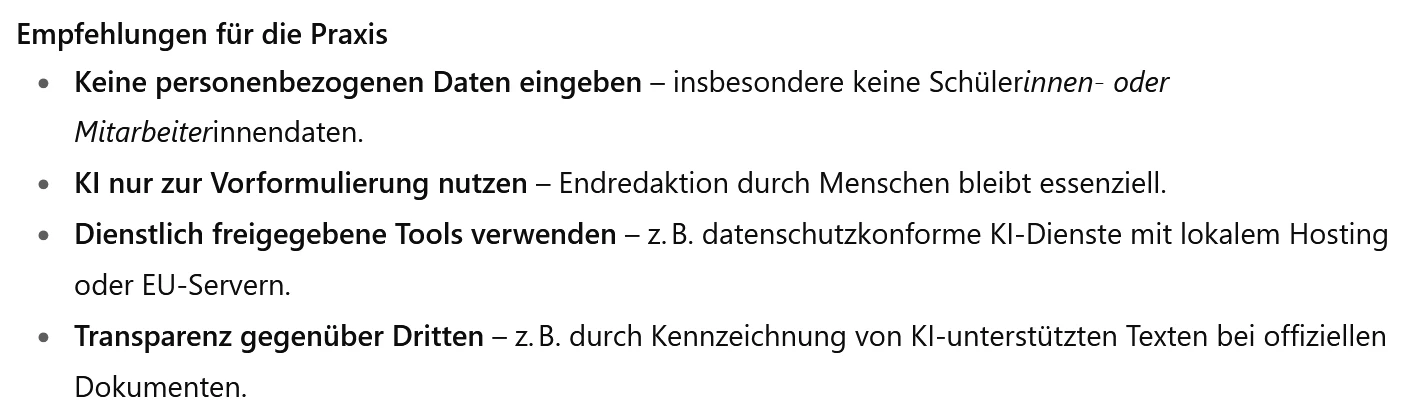 Empfehlungen: keine personenbezogenen Daten, KI nur zur Vorformulierung, freigegebene Tools, Transparenz