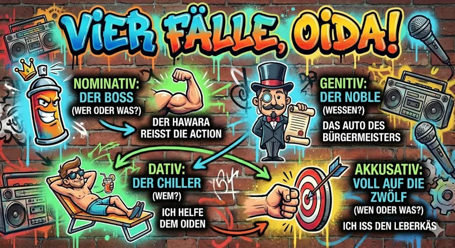 Graffiti-Grafik: Nominativ der Boss, Genitiv der Noble, Dativ der Chiller, Akkusativ voll auf die Zwölf