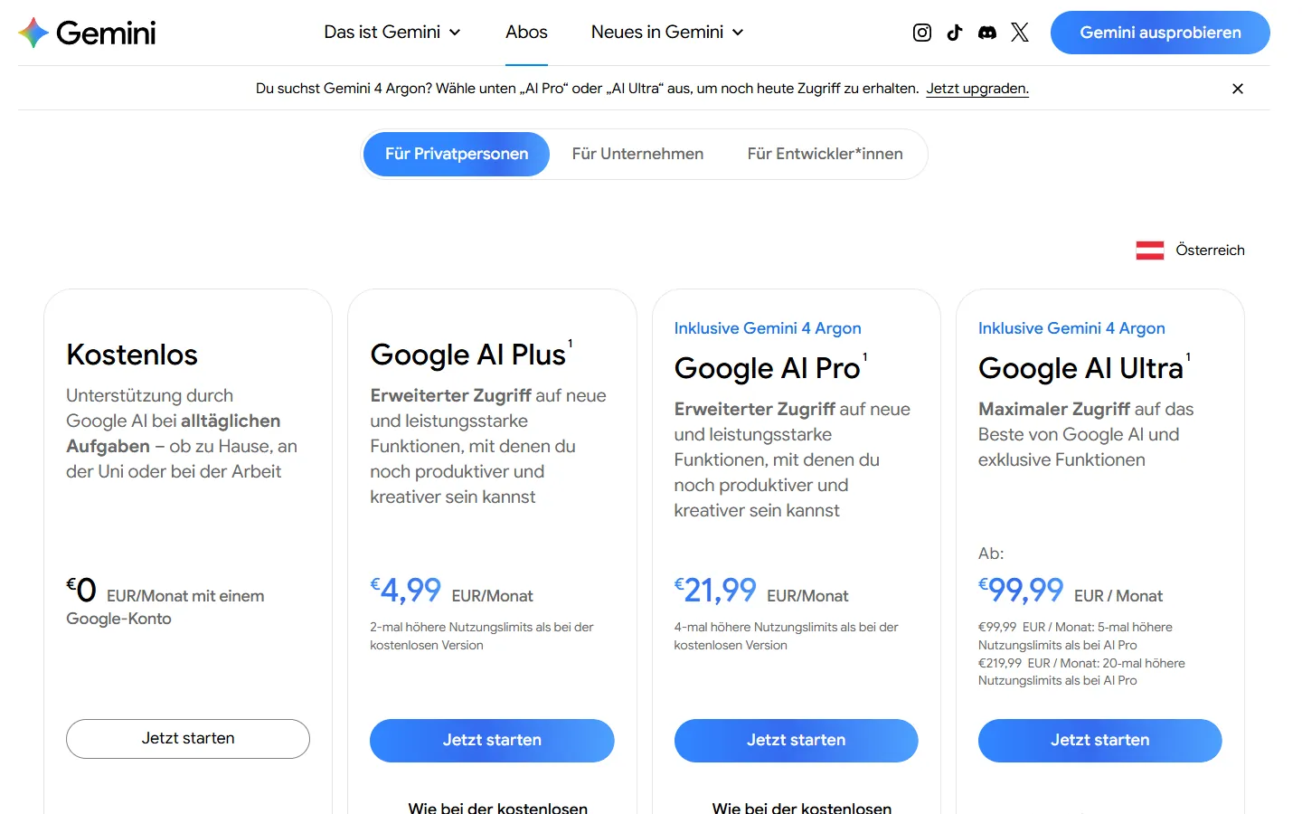 Preisübersicht Google Gemini mit vier Stufen von 0 bis 99,99 Euro im Monat