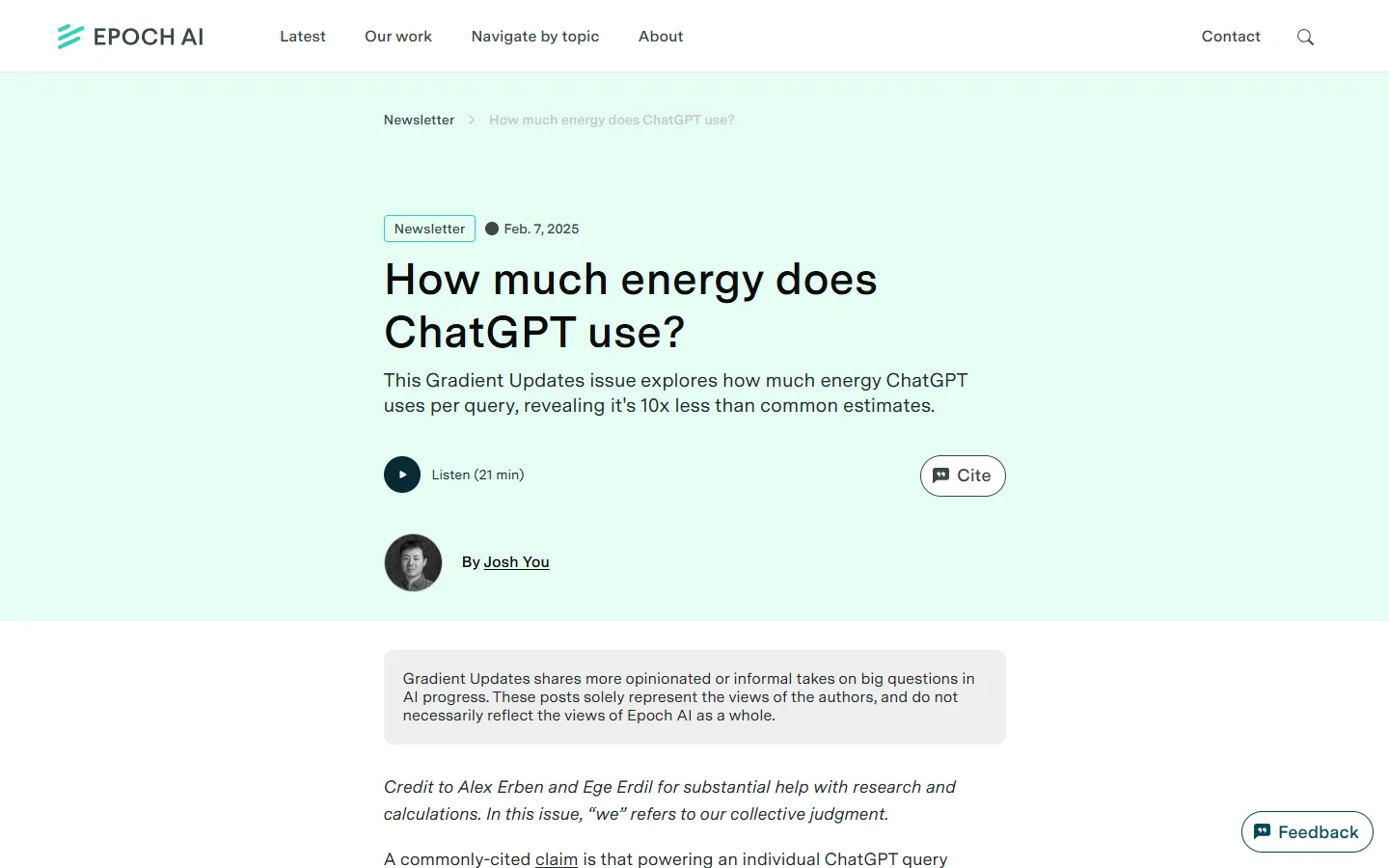 Bildschirmfoto des Epoch-AI-Artikels How much energy does ChatGPT use