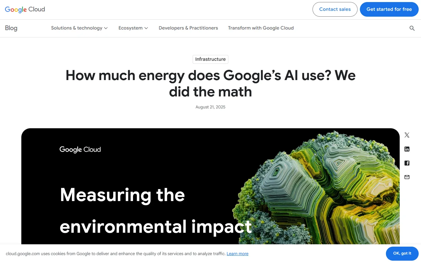 Bildschirmfoto des Google-Cloud-Blogs zum Energiebedarf von Gemini-Anfragen