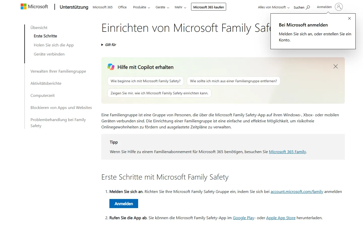 Bildschirmfoto der Microsoft-Hilfe zu Family Safety