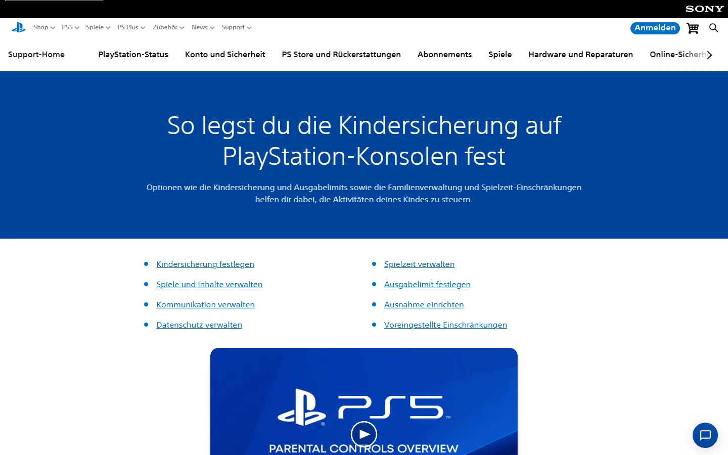 Bildschirmfoto der PlayStation-Hilfe zur Kindersicherung