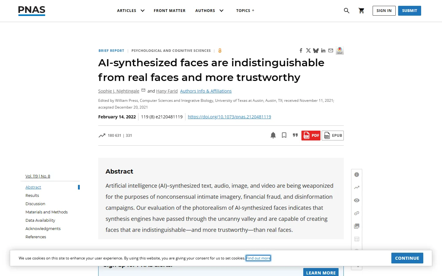 Bildschirmfoto des PNAS-Artikels AI-synthesized faces are indistinguishable from real faces