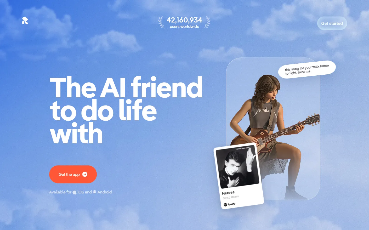 Bildschirmfoto der Startseite von Replika mit dem Slogan The AI friend to do life with