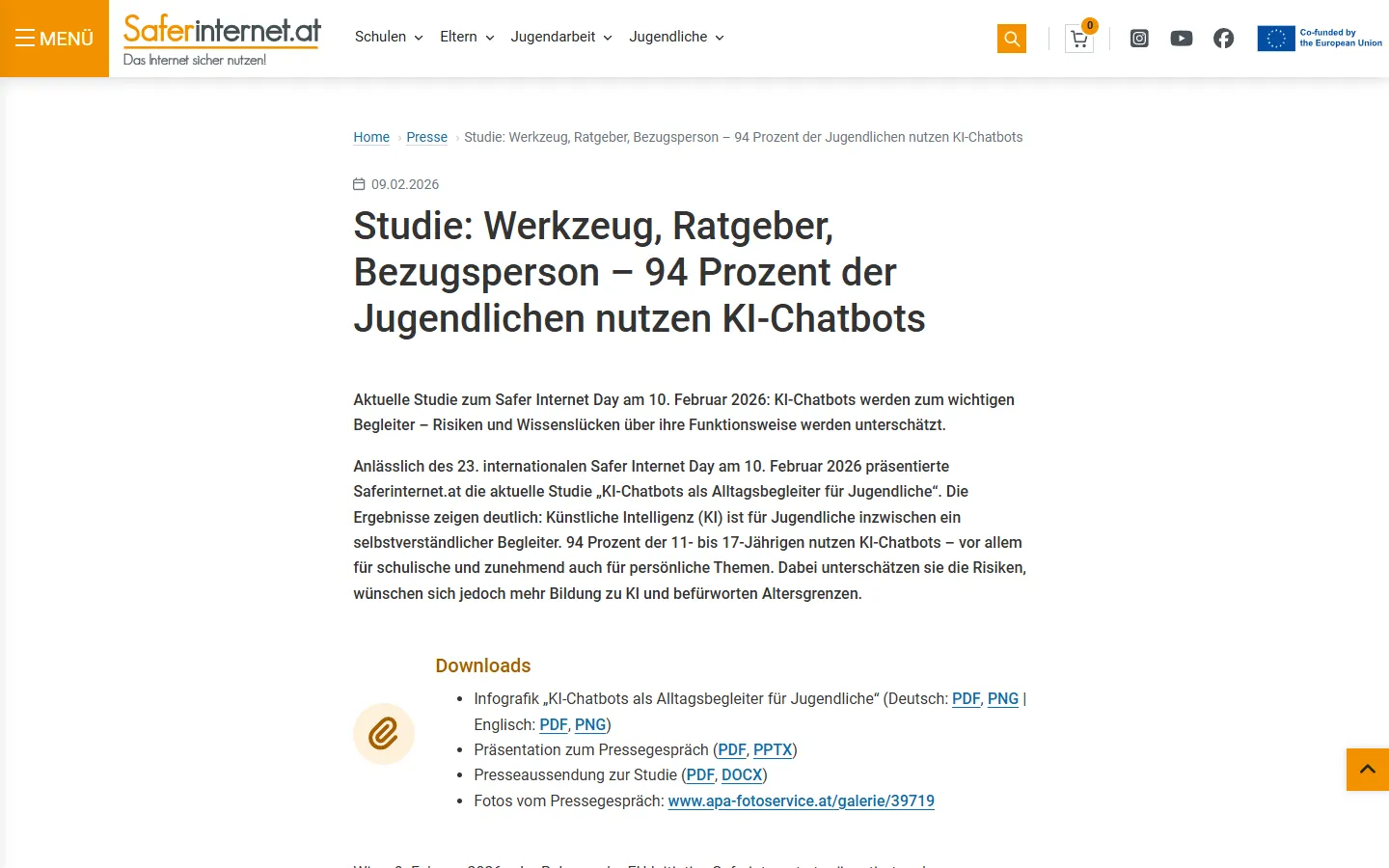 Bildschirmfoto der Saferinternet.at-Pressemeldung zur Studie: 94 Prozent der Jugendlichen nutzen KI-Chatbots