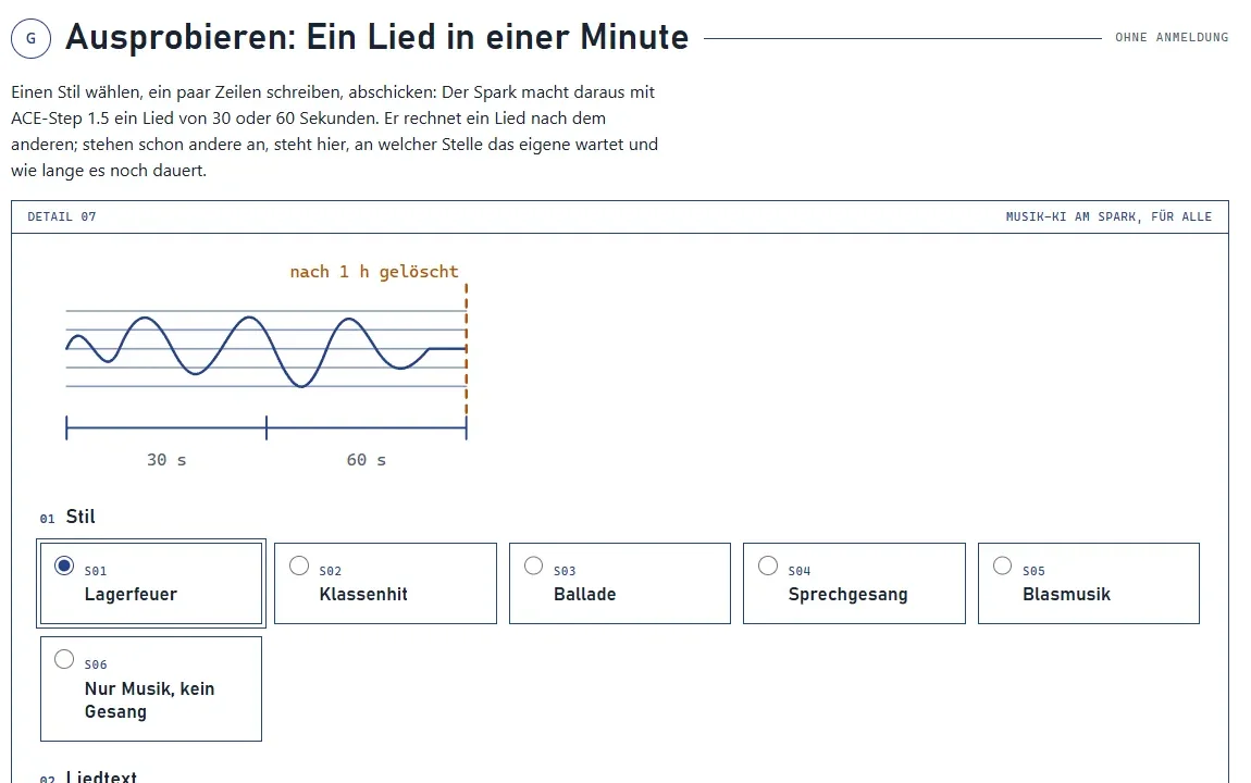 Abschnitt Ausprobieren auf der Projektseite: Auswahl des Musikstils und Felder für den Liedtext