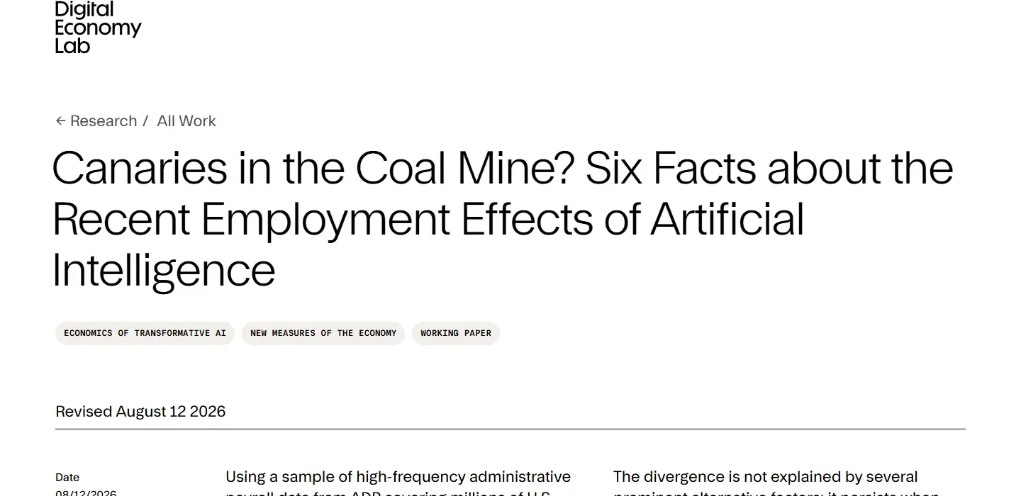 Seite des Stanford Digital Economy Lab mit dem Working Paper Canaries in the Coal Mine