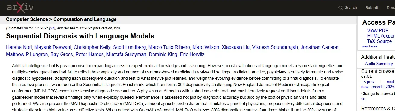 arXiv-Seite des Preprints Sequential Diagnosis with Language Models von Microsoft