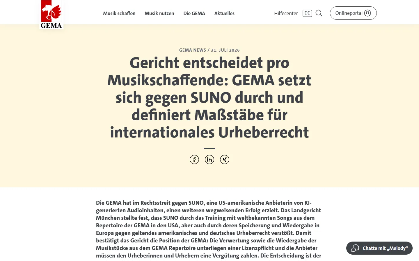 Webseite der GEMA mit Überschrift „Gericht entscheidet pro Musikschaffende: GEMA setzt sich gegen SUNO durch und definiert Maßstäbe für internationales Urheberrecht“