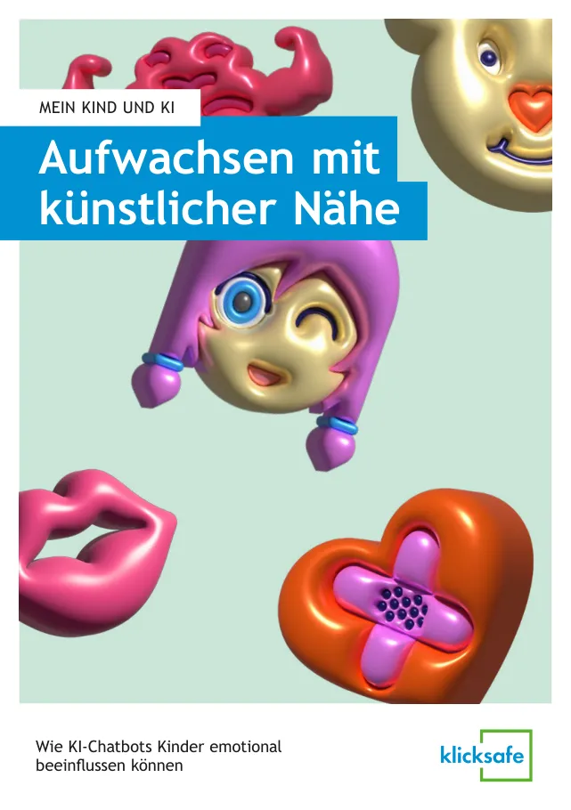 Broschürentitel in Blau: „Mein Kind und KI – Aufwachsen mit künstlicher Nähe“, bunte 3D-Figuren: Mund, Herz mit Pflaster, Comic-Mädchen