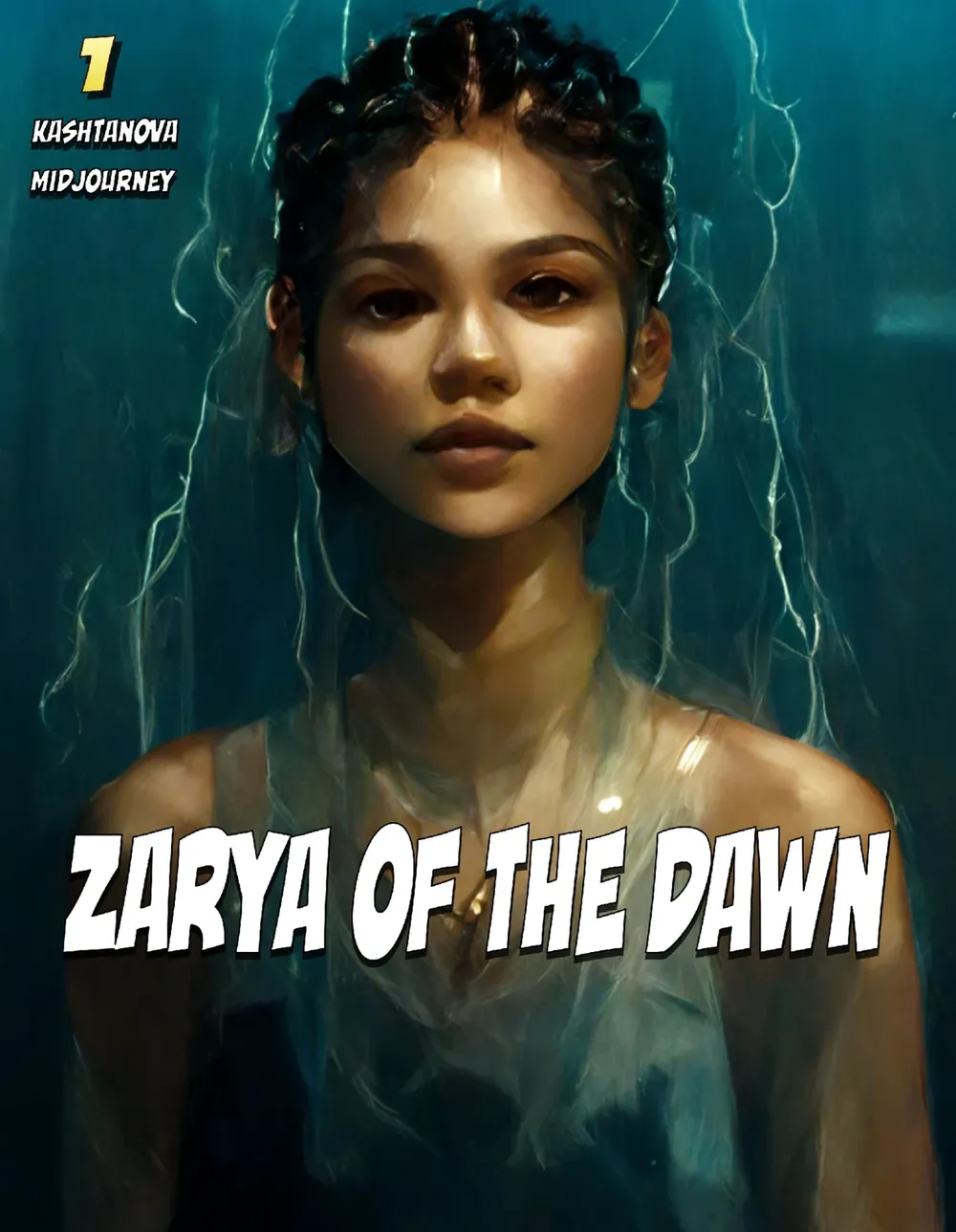 Comic-Titelseite „Zarya of the Dawn“: Porträt einer jungen Frau mit Zöpfen vor türkisem Hintergrund