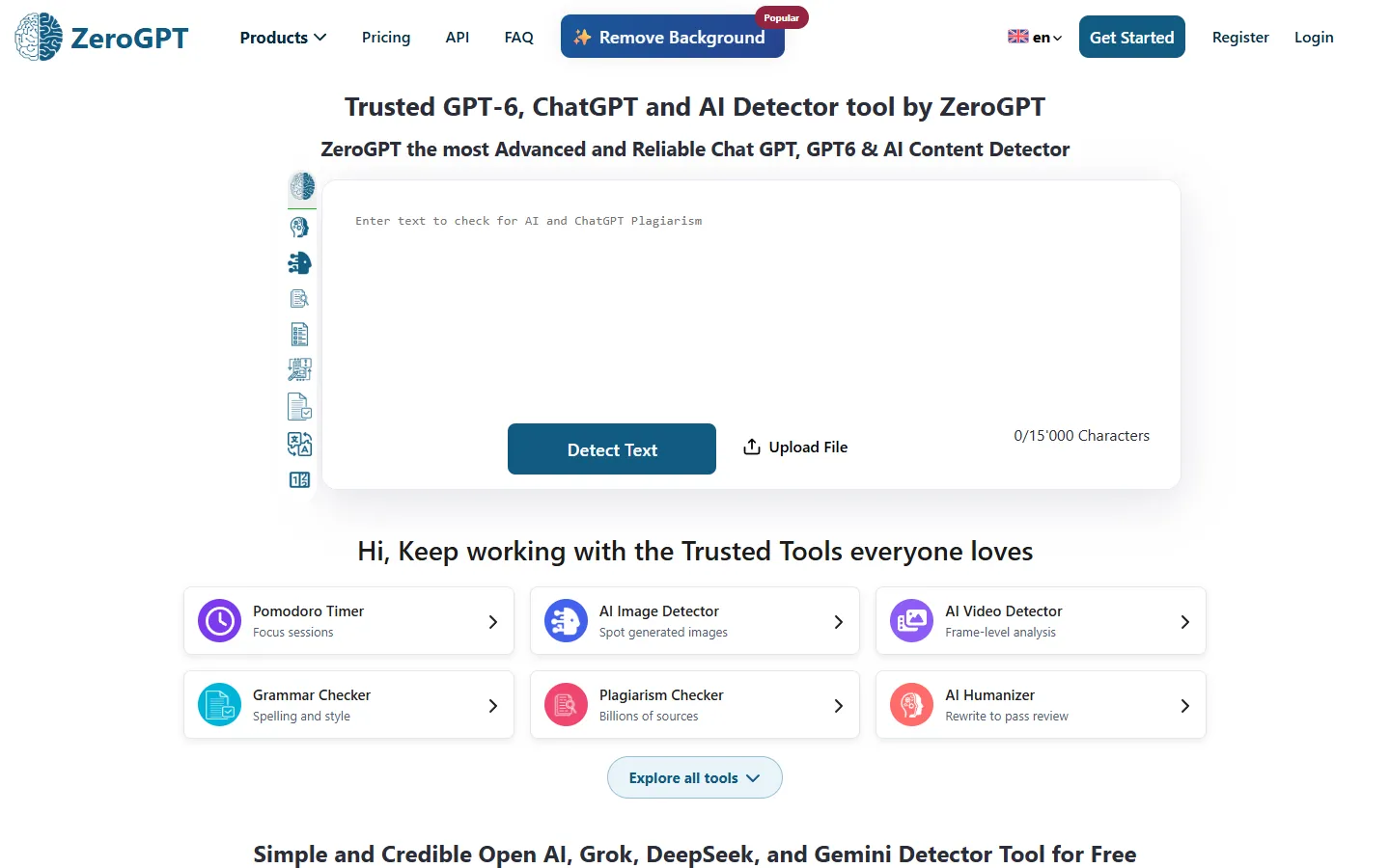 Startseite von ZeroGPT: großes Textfeld „Enter text to check for AI“ mit Knopf „Detect Text“, darunter weitere Werkzeuge