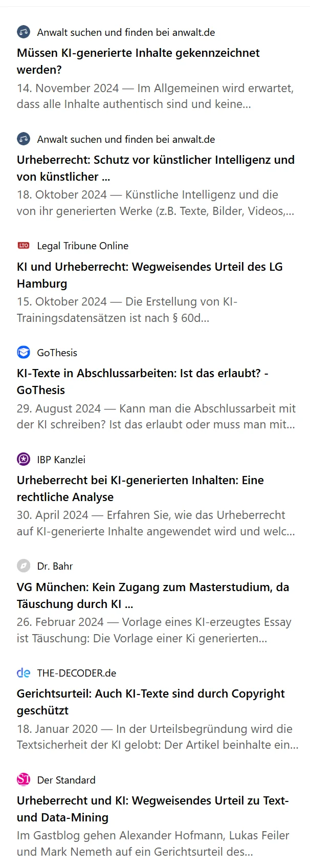 Liste von Suchtreffern zu KI und Urheberrecht, ganz unten Der Standard: Urheberrecht und KI – Wegweisendes Urteil zu Text- und Data-Mining
