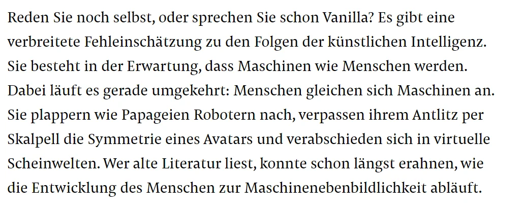 Text: „Reden Sie noch selbst, oder sprechen Sie schon Vanilla? … Menschen gleichen sich Maschinen an.“