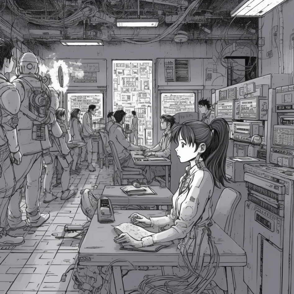 Manga-Zeichnung: Schülerin an einem Pult in einem Raum voller Kabel, Bildschirme und Roboter