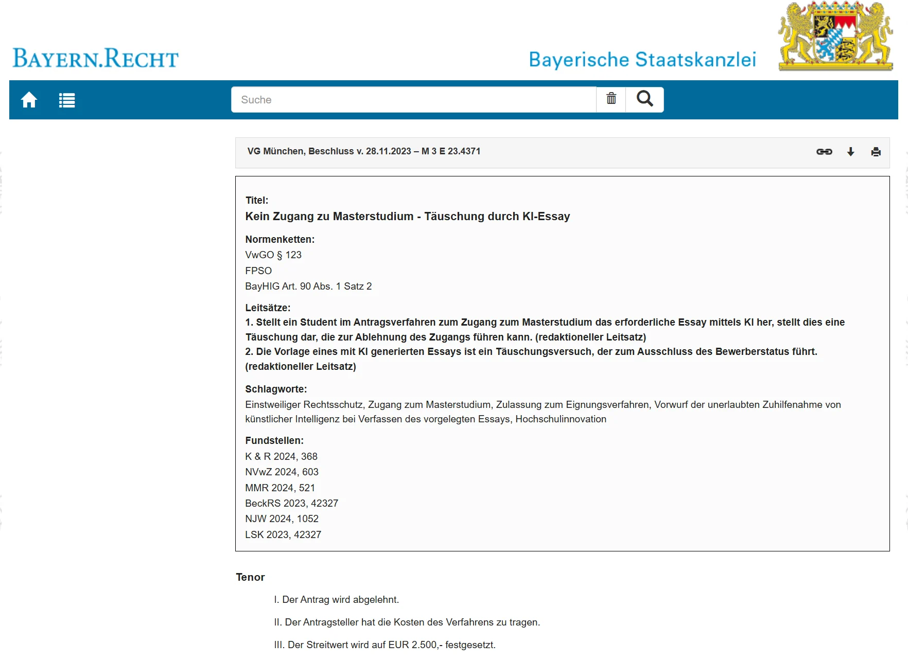 Webseite gesetze-bayern.de mit Titel „Kein Zugang zu Masterstudium – Täuschung durch KI-Essay“