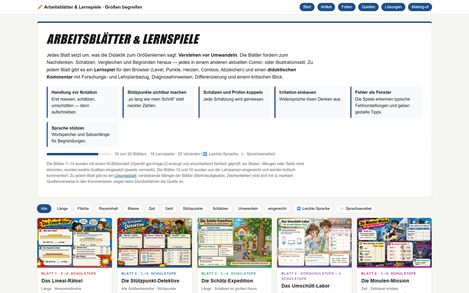 Übersicht mit Comic-Vorschauen von 16 Arbeitsblättern
