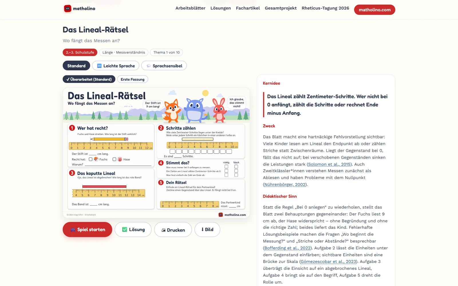 Arbeitsblatt Das Lineal-Rätsel mit Comicfiguren, Knöpfen Spiel starten, Lösung, Drucken und didaktischem Kommentar