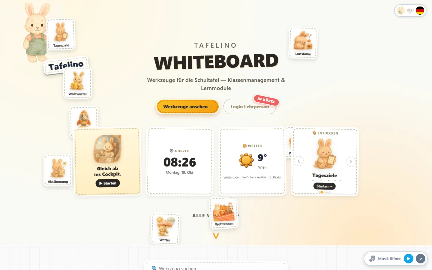 Startseite Hey Board! Whiteboard mit Hasen-Figuren und Werkzeugkacheln