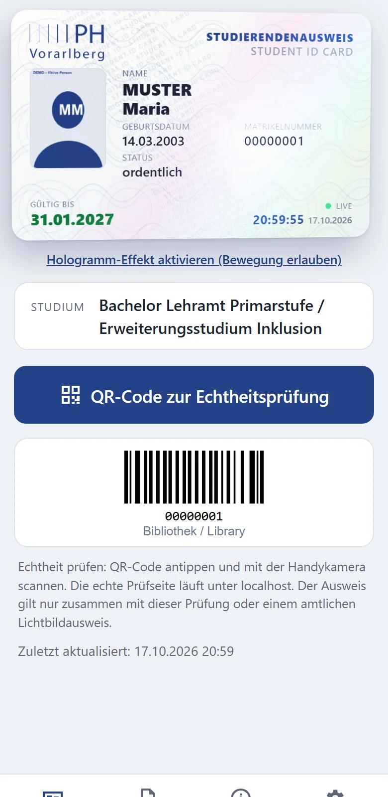 Handy mit Studierendenausweis der PH Vorarlberg für die Testperson Maria Muster, gültig bis 31.01.2027, mit Knopf QR-Code zur Echtheitsprüfung und Bibliotheks-Barcode